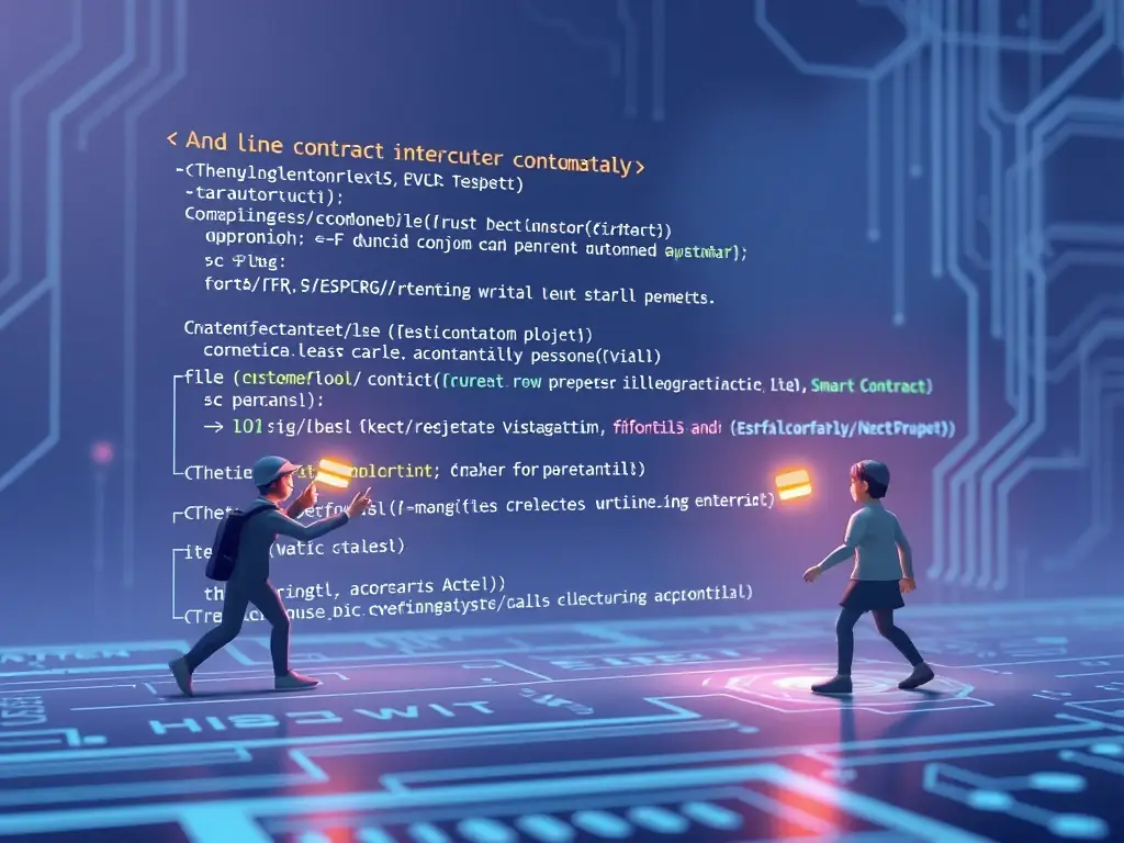 A visual depiction of a smart contract executing automatically, with lines of code transforming into real-world actions within the POLW game, emphasizing automation and trust.