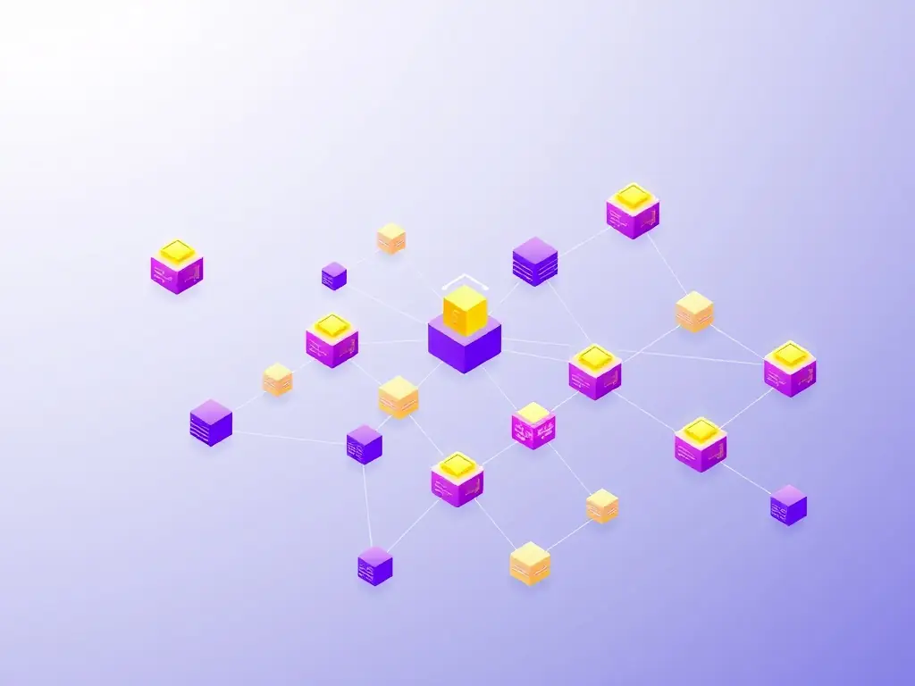 A detailed illustration of the blockchain network, showcasing interconnected blocks representing transactions and data within the POLW platform, emphasizing security and transparency.